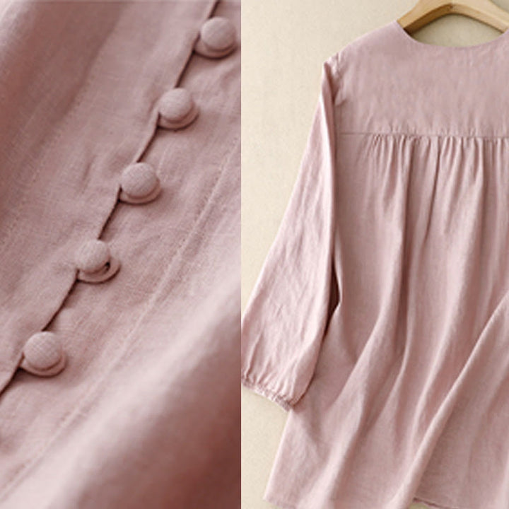 Camisa de manga larga de algodón y lino para mujer con cuello en V y diseño de Buddha Stones - image 5