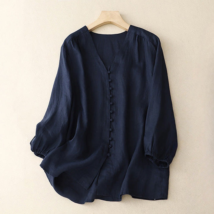 Camisa de manga larga de algodón y lino para mujer con cuello en V y diseño de Buddha Stones - Azul medianoche - US8-10，UK/AU12-14，EU40-42 (2XL) - image 9