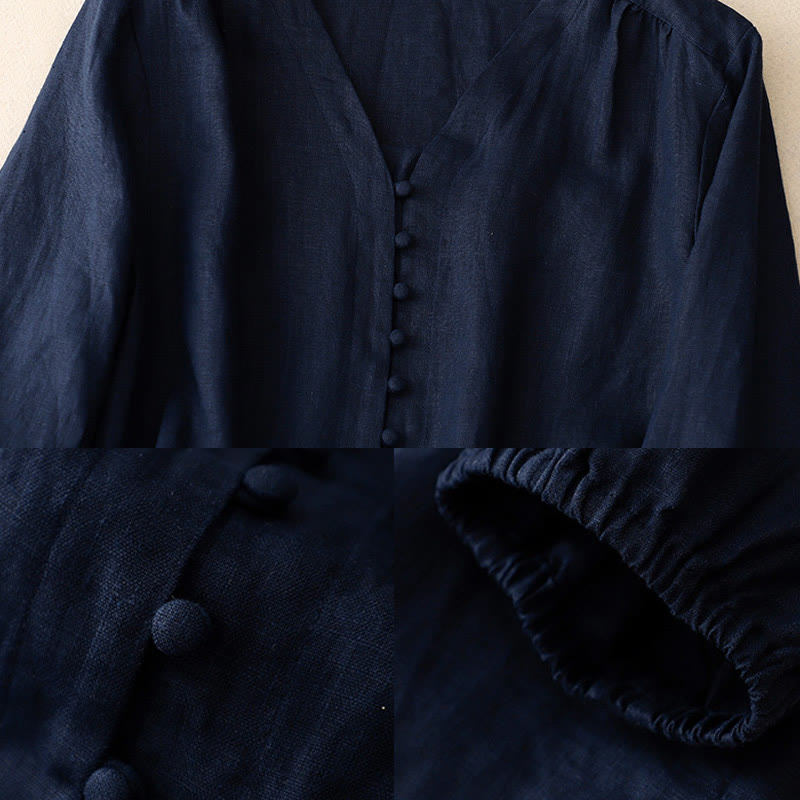 Camisa de manga larga de algodón y lino para mujer con cuello en V y diseño de Buddha Stones - image 12