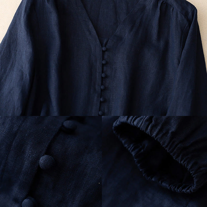 Camisa de manga larga de algodón y lino para mujer con cuello en V y diseño de Buddha Stones - image 12