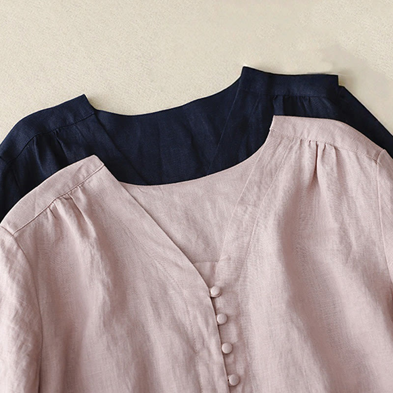 Camisa de manga larga de algodón y lino para mujer con cuello en V y diseño de Buddha Stones - image 8