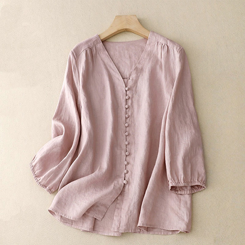 Camisa de manga larga de algodón y lino para mujer con cuello en V y diseño de Buddha Stones - Rosa - US8-10，UK/AU12-14，EU40-42 (2XL) - image 0