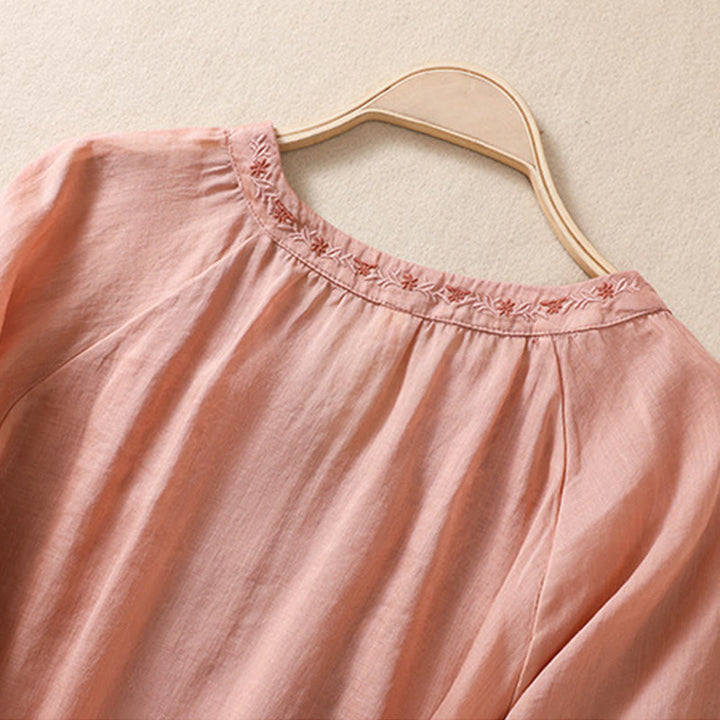 Camisa de lino y algodón para mujer con diseño bordado de Buddha Stones y manga tres cuartos  - image 3