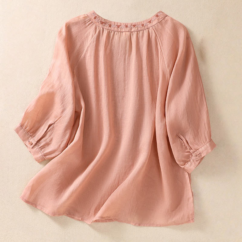 Camisa de lino y algodón para mujer con diseño bordado de Buddha Stones y manga tres cuartos  - image 6