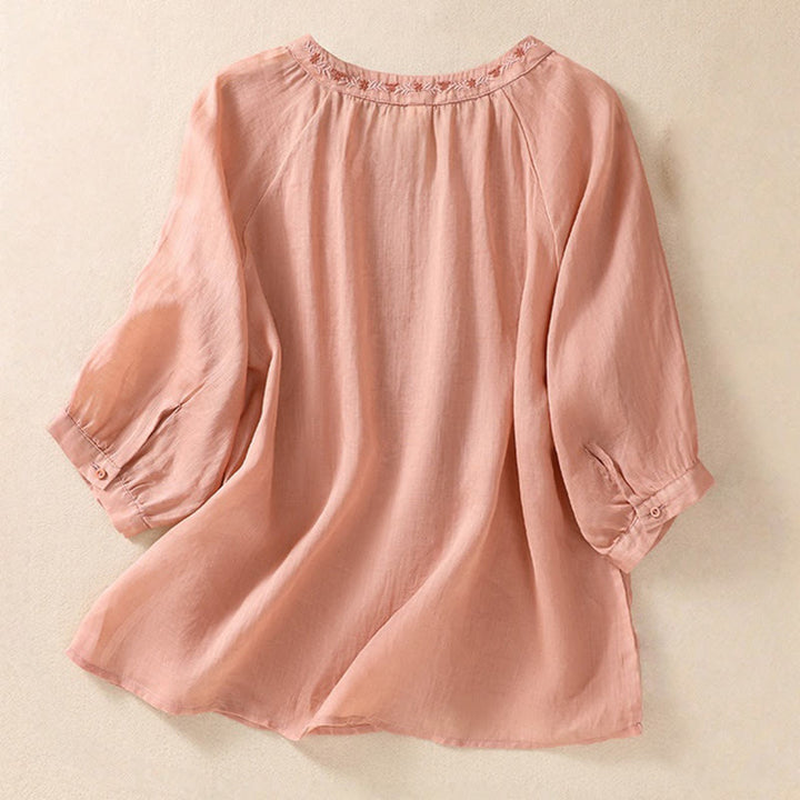 Camisa de lino y algodón para mujer con diseño bordado de Buddha Stones y manga tres cuartos  - image 6