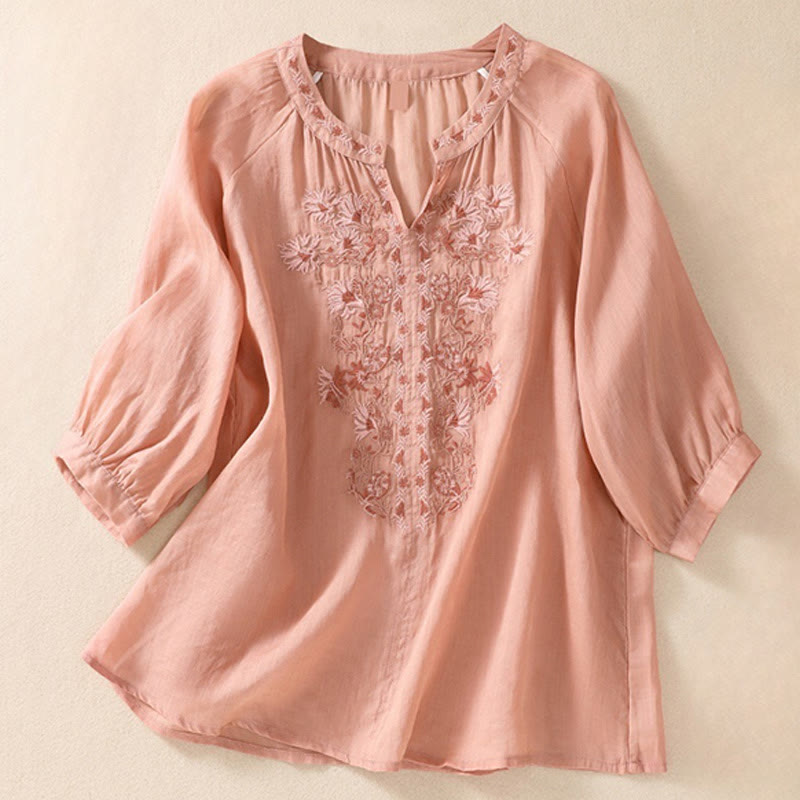 Camisa de lino y algodón para mujer con diseño bordado de Buddha Stones y manga tres cuartos  - Salmón claro - US8-10，UK/AU12-14，EU40-42 (2XL) - image 0