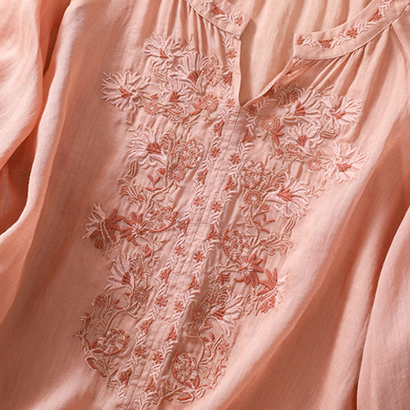 Camisa de lino y algodón para mujer con diseño bordado de Buddha Stones y manga tres cuartos  - image 4