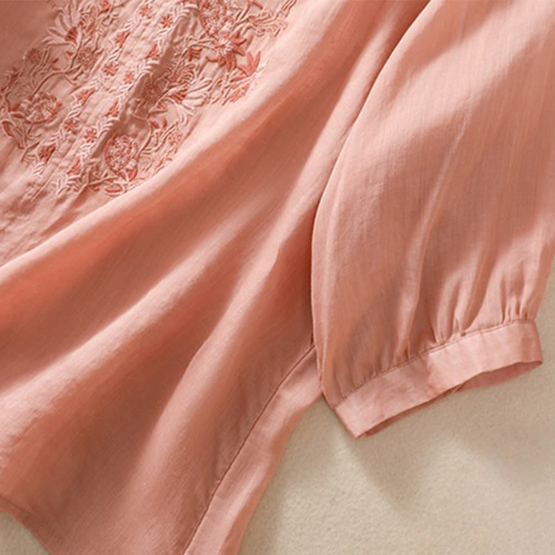 Camisa de lino y algodón para mujer con diseño bordado de Buddha Stones y manga tres cuartos  - image 1