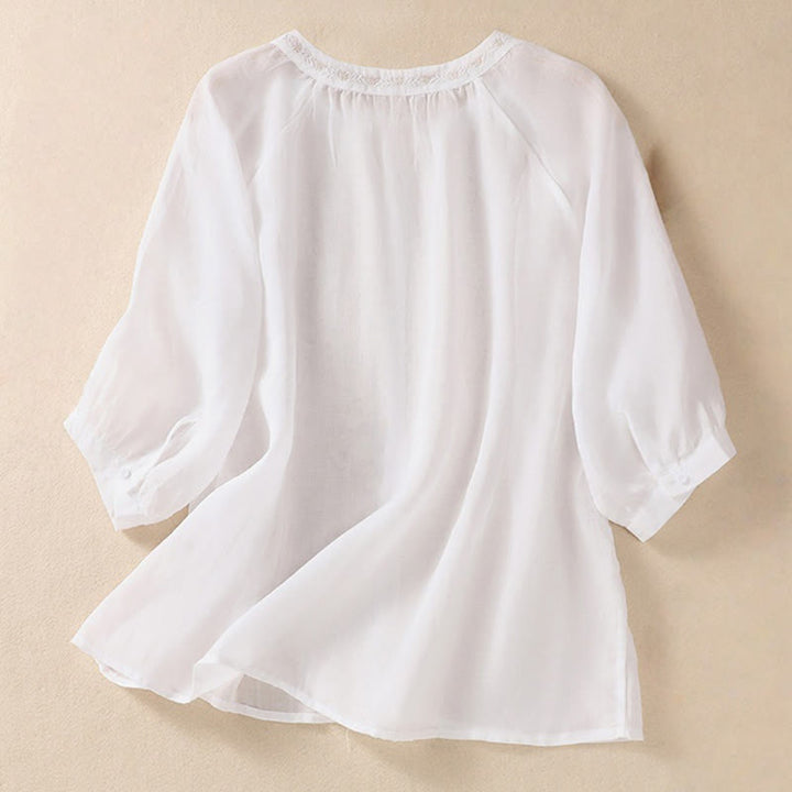 Camisa de lino y algodón para mujer con diseño bordado de Buddha Stones y manga tres cuartos  - image 8