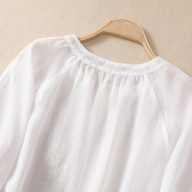 Camisa de lino y algodón para mujer con diseño bordado de Buddha Stones y manga tres cuartos  - image 10