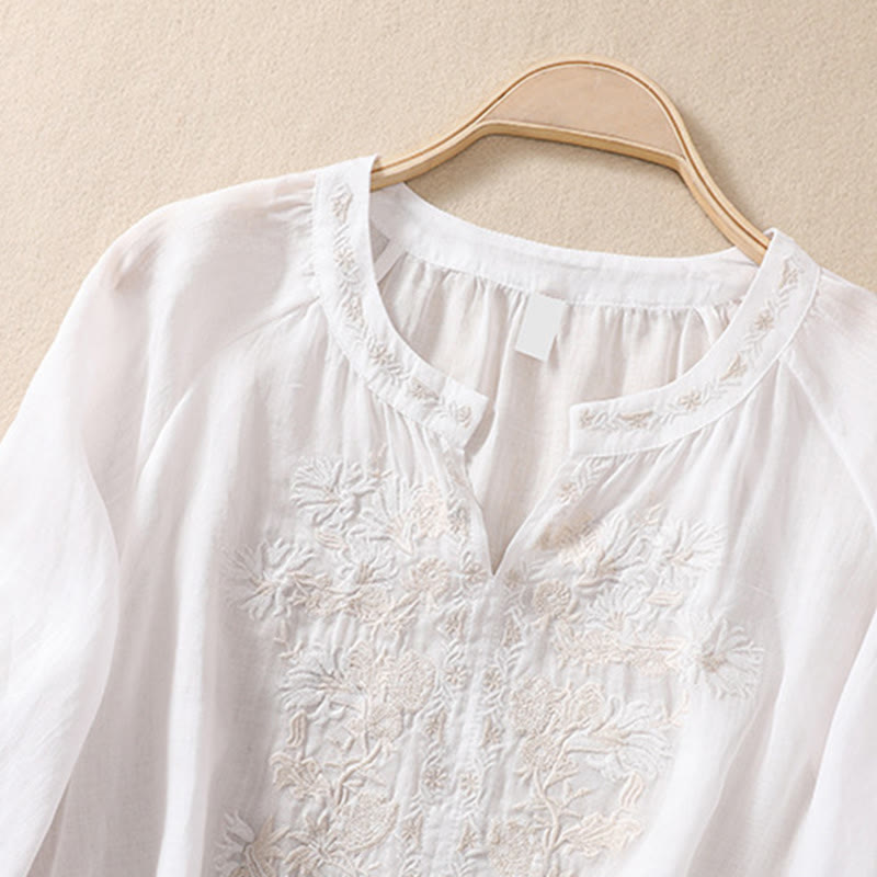 Camisa de lino y algodón para mujer con diseño bordado de Buddha Stones y manga tres cuartos  - image 11