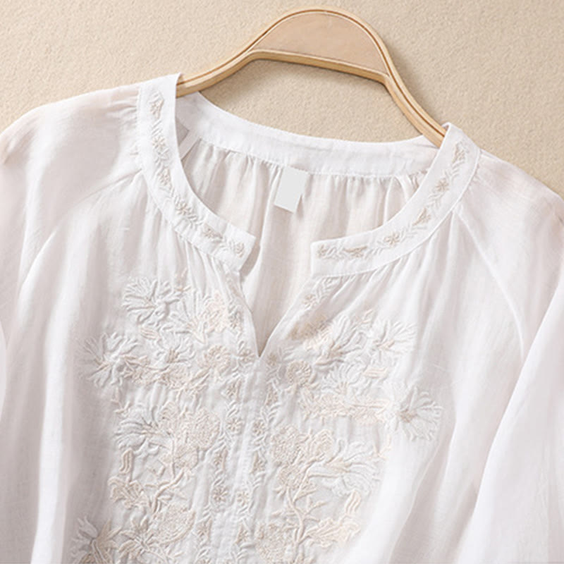 Camisa de lino y algodón para mujer con diseño bordado de Buddha Stones y manga tres cuartos  - image 9