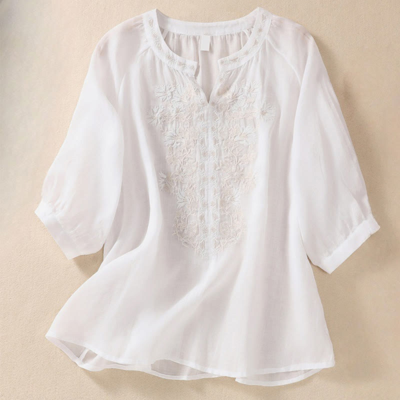 Camisa de lino y algodón para mujer con diseño bordado de Buddha Stones y manga tres cuartos  - Nieve - US8-10，UK/AU12-14，EU40-42 (2XL) - image 7