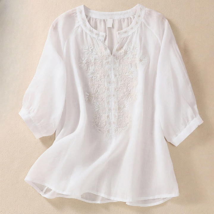 Camisa de lino y algodón para mujer con diseño bordado de Buddha Stones y manga tres cuartos  - Nieve - US8-10，UK/AU12-14，EU40-42 (2XL) - image 7