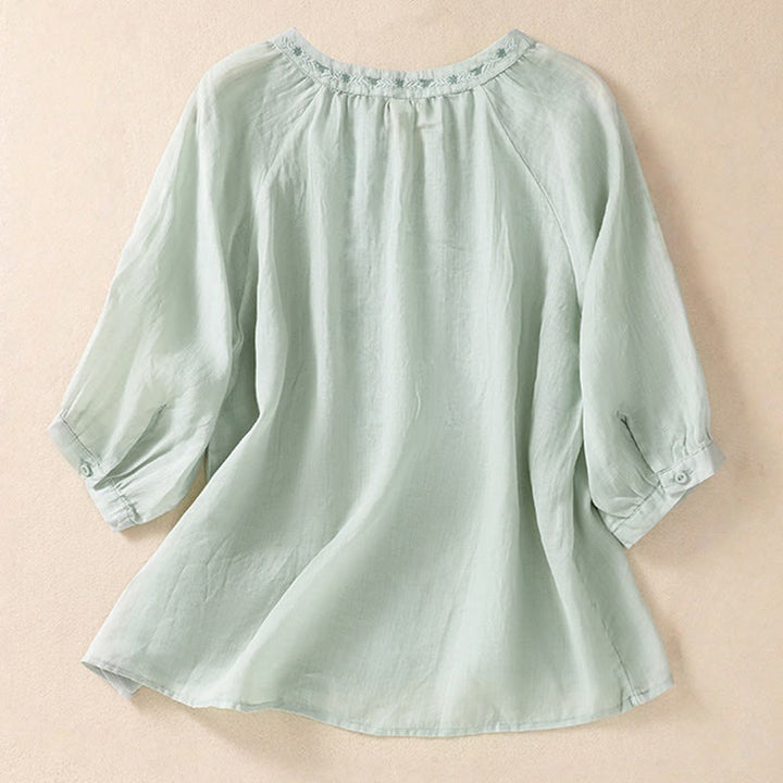 Camisa de lino y algodón para mujer con diseño bordado de Buddha Stones y manga tres cuartos  - image 17