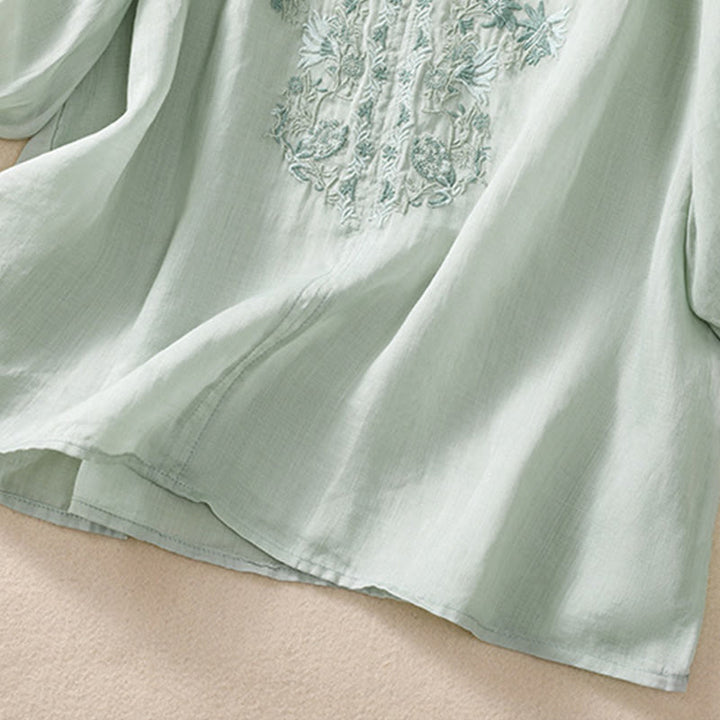 Camisa de lino y algodón para mujer con diseño bordado de Buddha Stones y manga tres cuartos  - image 23