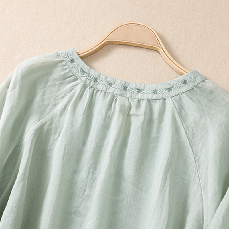 Camisa de lino y algodón para mujer con diseño bordado de Buddha Stones y manga tres cuartos  - image 18