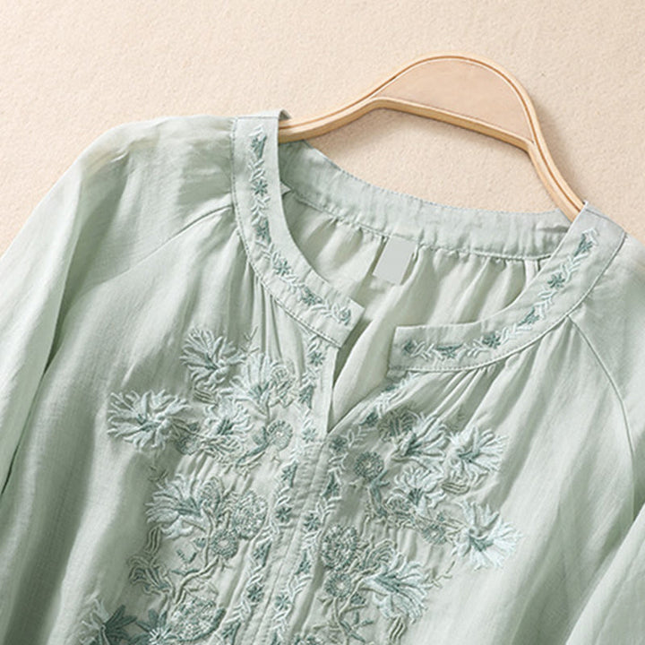 Camisa de lino y algodón para mujer con diseño bordado de Buddha Stones y manga tres cuartos  - image 19