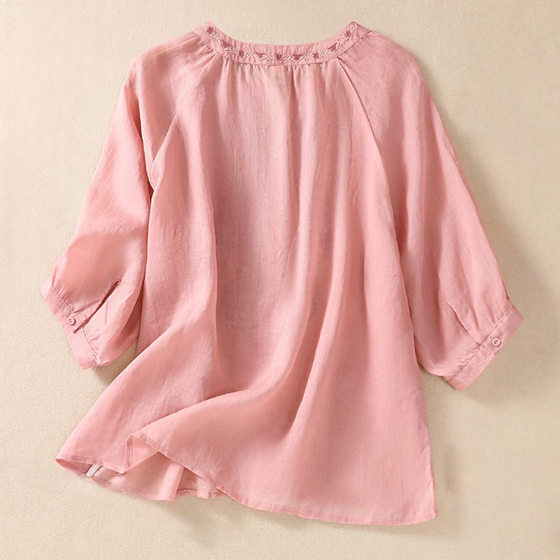 Camisa de lino y algodón para mujer con diseño bordado de Buddha Stones y manga tres cuartos  - image 25