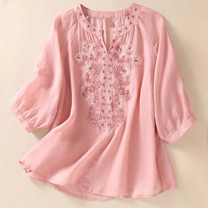 Camisa de lino y algodón para mujer con diseño bordado de Buddha Stones y manga tres cuartos  - Rosa - US8-10，UK/AU12-14，EU40-42 (2XL) - image 24