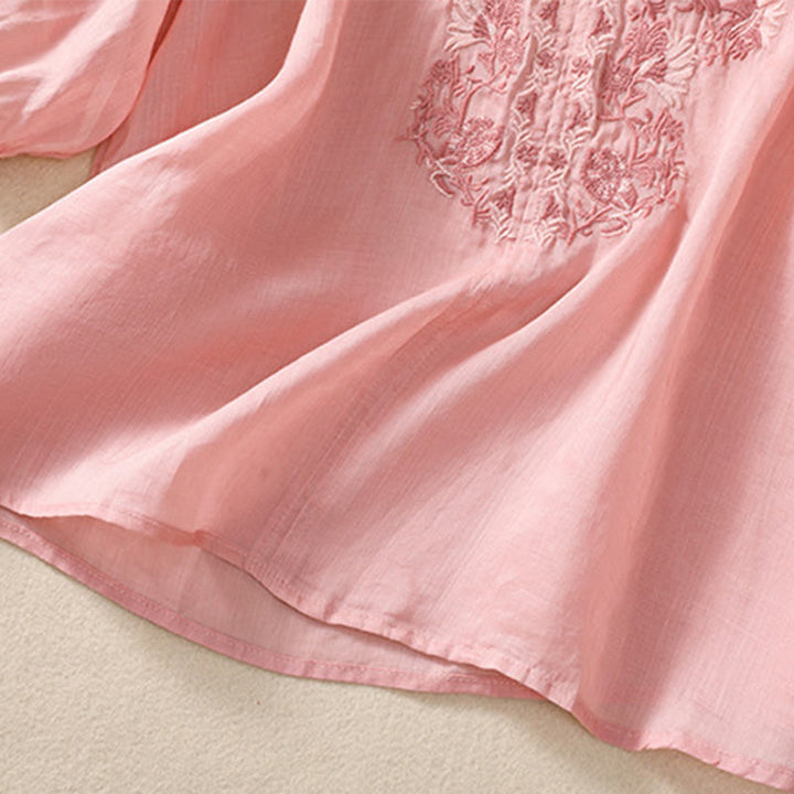 Camisa de lino y algodón para mujer con diseño bordado de Buddha Stones y manga tres cuartos  - image 29