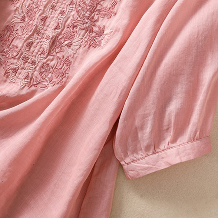 Camisa de lino y algodón para mujer con diseño bordado de Buddha Stones y manga tres cuartos  - image 30