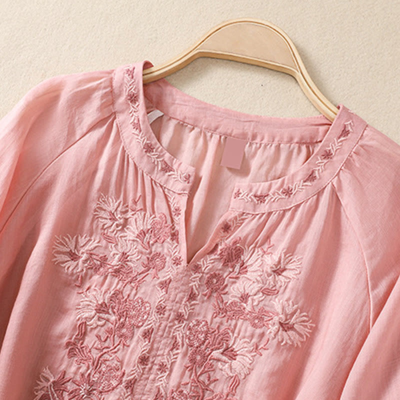 Camisa de lino y algodón para mujer con diseño bordado de Buddha Stones y manga tres cuartos  - image 26