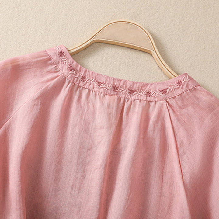 Camisa de lino y algodón para mujer con diseño bordado de Buddha Stones y manga tres cuartos  - image 27