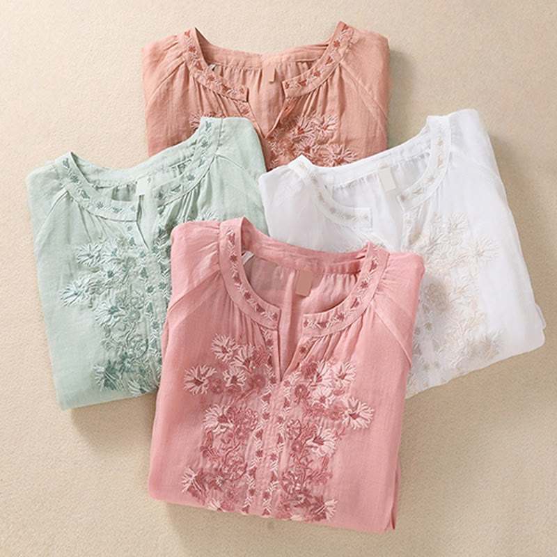 Camisa de lino y algodón para mujer con diseño bordado de Buddha Stones y manga tres cuartos  - image 33