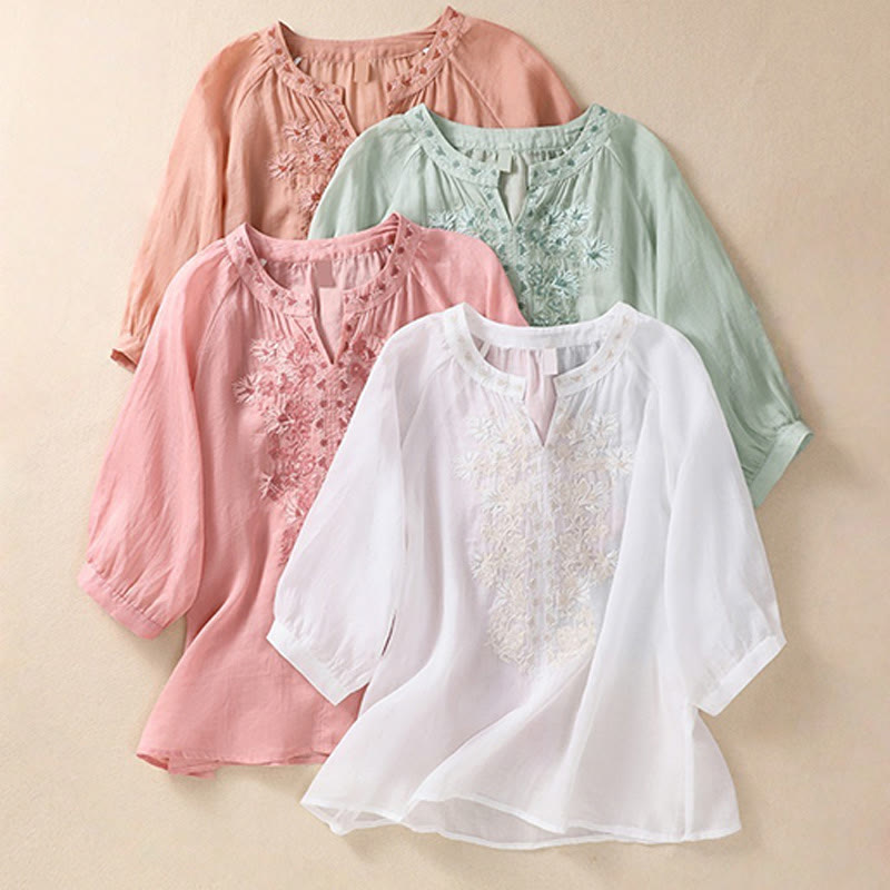 Camisa de lino y algodón para mujer con diseño bordado de Buddha Stones y manga tres cuartos  - image 32