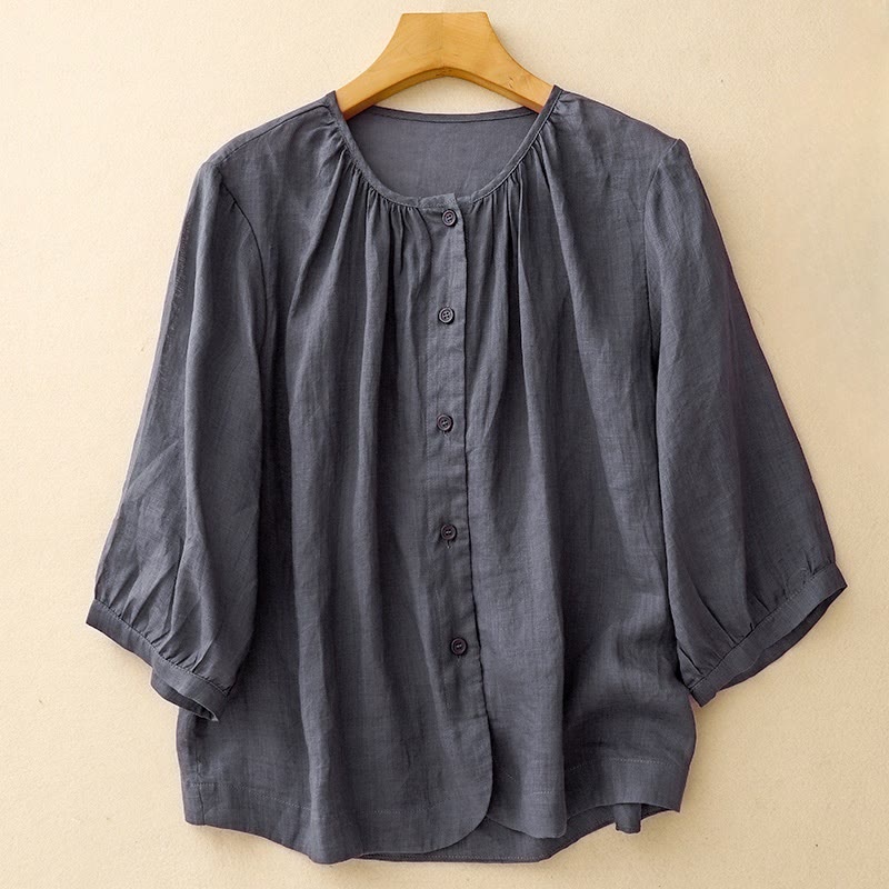 Camisa de algodón con cuello redondo y botones lisos para mujer, manga tres cuartos, con estampado de Buddha Stones - Marina de guerra - US14，UK/AU18，EU46 (2XL) - image 0