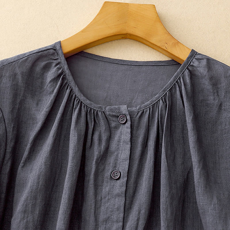 Camisa de algodón con cuello redondo y botones lisos para mujer, manga tres cuartos, con estampado de Buddha Stones - image 1