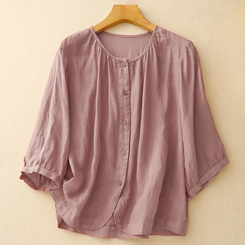 Camisa de algodón con cuello redondo y botones lisos para mujer, manga tres cuartos, con estampado de Buddha Stones - Violeta pálido rojo - US14，UK/AU18，EU46 (2XL) - image 5