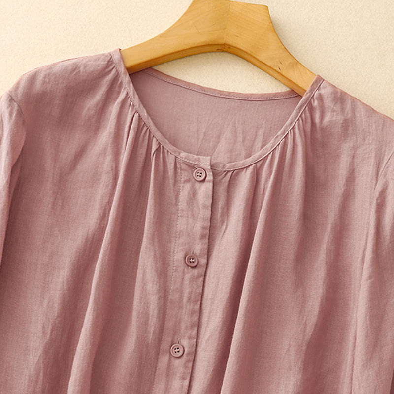 Camisa de algodón con cuello redondo y botones lisos para mujer, manga tres cuartos, con estampado de Buddha Stones - image 6