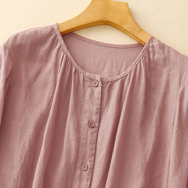 Camisa de algodón con cuello redondo y botones lisos para mujer, manga tres cuartos, con estampado de Buddha Stones - image 6
