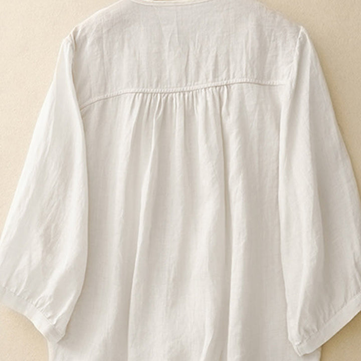 Camisa de mujer con cuello redondo, botones y manga tres cuartos, diseño de Buddha Stones - image 18