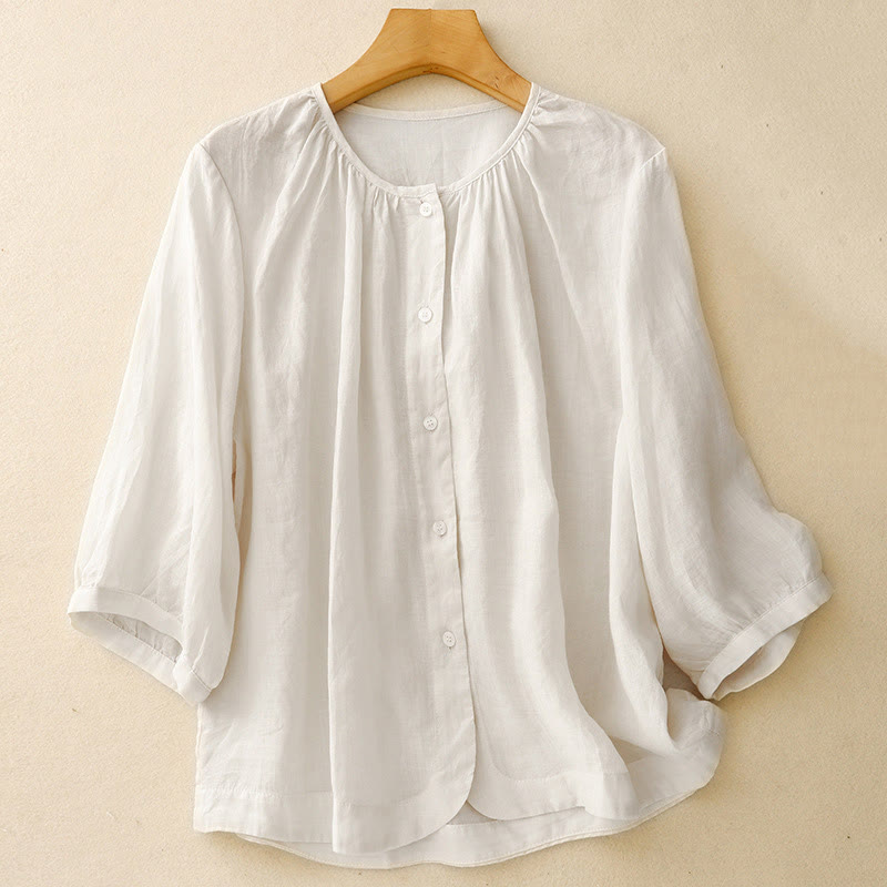 Camisa de mujer con cuello redondo, botones y manga tres cuartos, diseño de Buddha Stones - Nieve - US12, UK/AU16, EU44 (2XL) - image 12