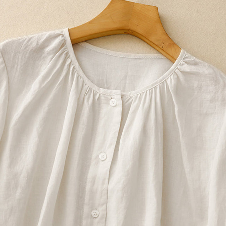 Camisa de algodón con cuello redondo y botones lisos para mujer, manga tres cuartos, con estampado de Buddha Stones - image 12