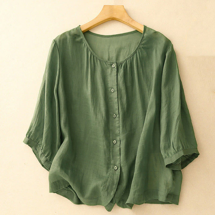 Camisa de algodón con cuello redondo y botones lisos para mujer, manga tres cuartos, con estampado de Buddha Stones - Verde - US14，UK/AU18，EU46 (2XL) - image 21