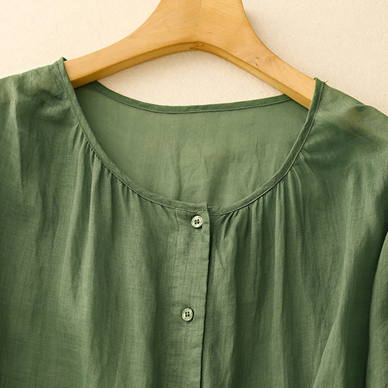 Camisa de mujer con cuello redondo, botones y manga tres cuartos, diseño de Buddha Stones - image 23