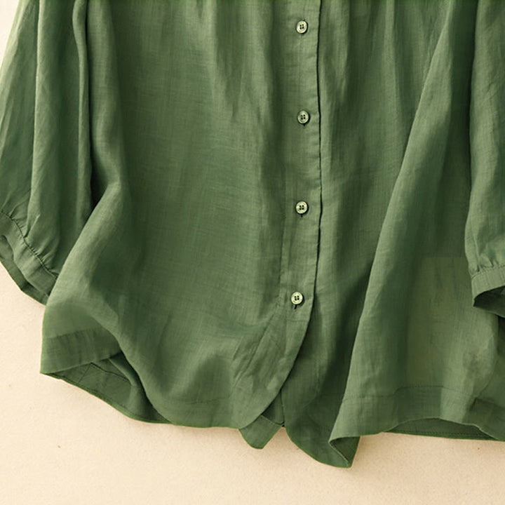 Camisa de mujer con cuello redondo, botones y manga tres cuartos, diseño de Buddha Stones - image 26