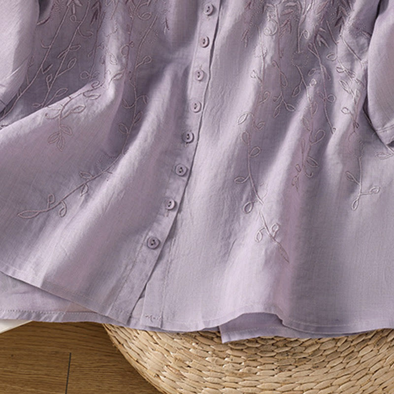 Camisa de algodón de manga corta para mujer con cuello alto y botones delanteros bordados con Buddha Stones  - image 6