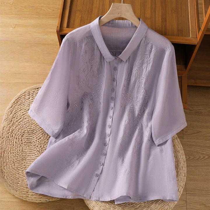 Camisa de algodón de manga corta para mujer con cuello alto y botones delanteros bordados con Buddha Stones  - Morado medio - US8-10，UK/AU12-14，EU40-42 (2XL) - image 0