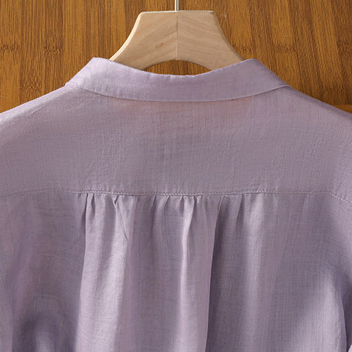 Camisa de algodón de manga corta para mujer con cuello alto y botones delanteros bordados con Buddha Stones  - image 3