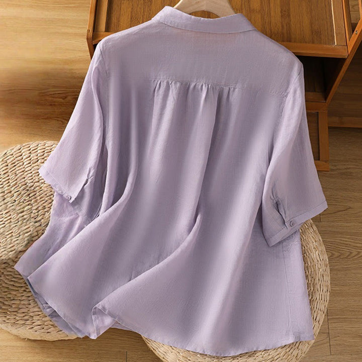 Camisa de algodón de manga corta para mujer con cuello alto y botones delanteros bordados con Buddha Stones  - image 1
