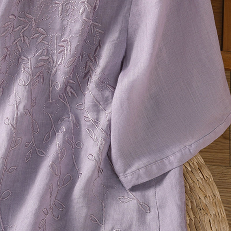 Camisa de algodón de manga corta para mujer con cuello alto y botones delanteros bordados con Buddha Stones  - image 5