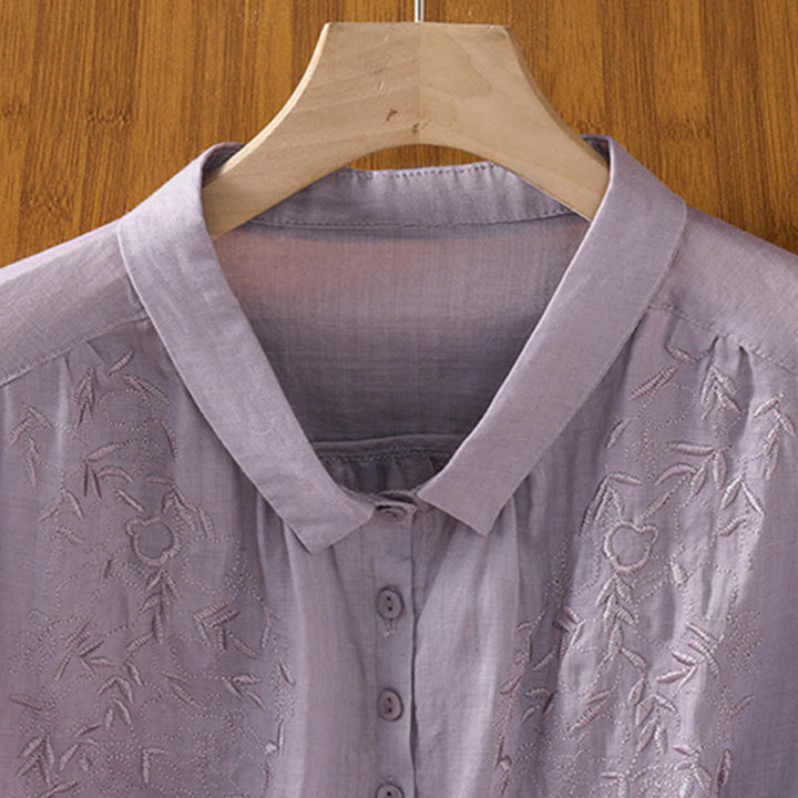 Camisa de algodón de manga corta para mujer con cuello alto y botones delanteros bordados con Buddha Stones  - image 2