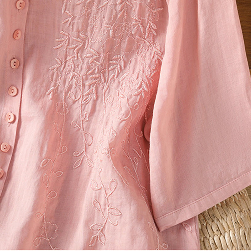 Camisa de algodón de manga corta para mujer con cuello alto y botones delanteros bordados con Buddha Stones  - image 16