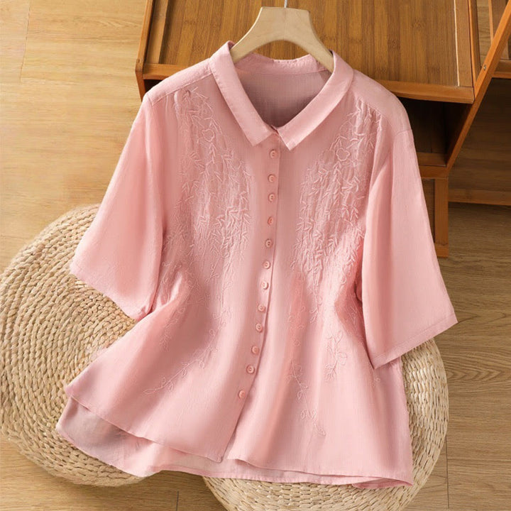 Camisa de algodón de manga corta para mujer con cuello alto y botones delanteros bordados con Buddha Stones  - Rosa - US8-10，UK/AU12-14，EU40-42 (2XL) - image 7