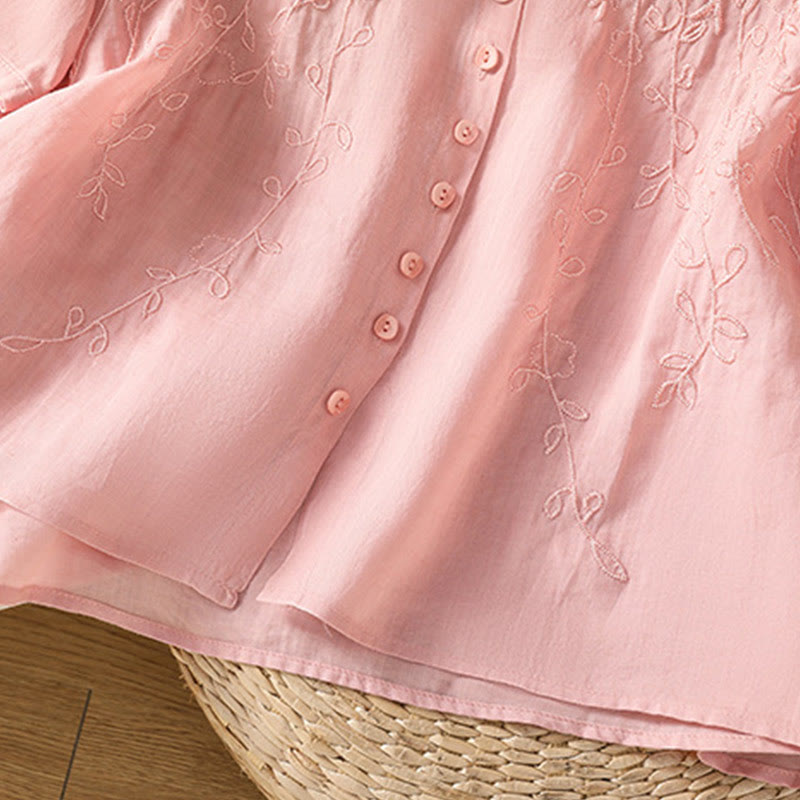 Camisa de algodón de manga corta para mujer con cuello alto y botones delanteros bordados con Buddha Stones  - image 15